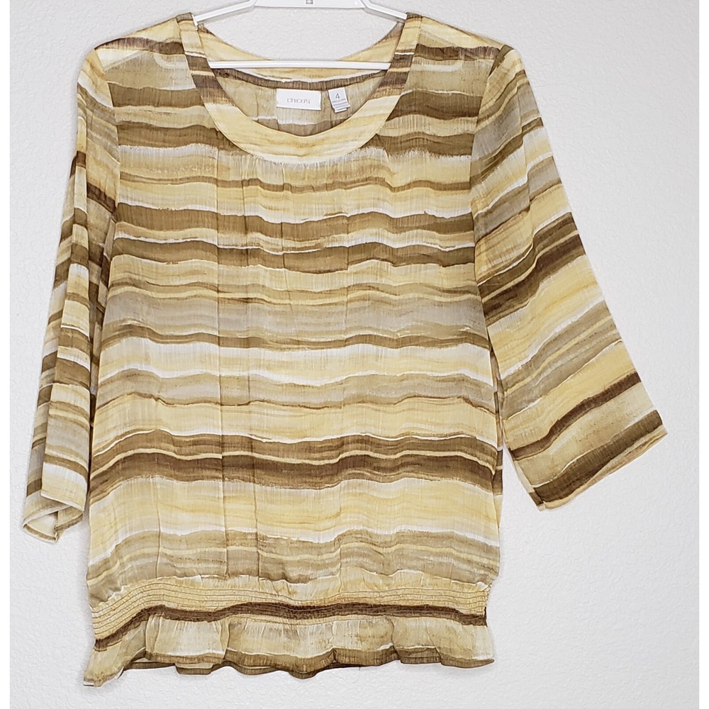 Chico's Top Size 4 Brown Yellow 3/4 Sleeve Sheer Round Neck Elastic Hem Blouse